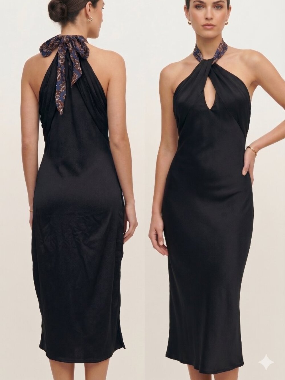 NWT Reformation Black Shiba Silk Midi Dress 10 Halter Paisley Wedding Guest LBD